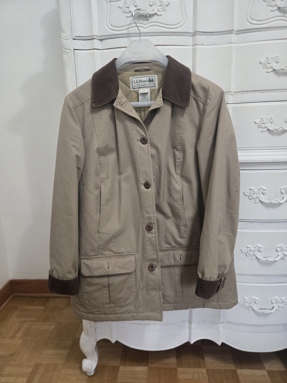 Negotiable L.L. Bean Khaki Trench Coat with Brown Corduroy Collar